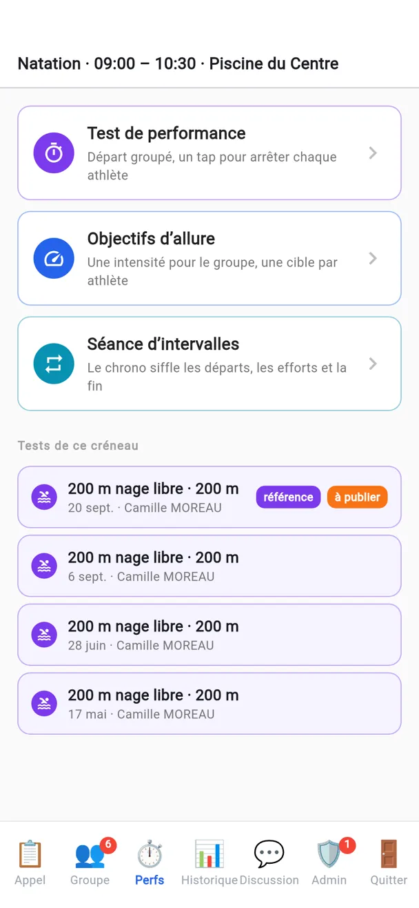Onglet Perfs de La Relève : le créneau du jour, les trois actions — test de performance, objectifs d'allure, séance d'intervalles — et les tests déjà posés sur ce créneau.